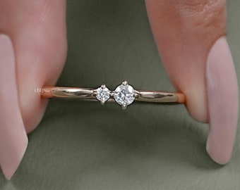 Runder Diamant Brautjungfer Ring / Zwei-Stein Diamant Minimalist Vorschlag Ring / Toi Et Moi Diamant Verlobungsring