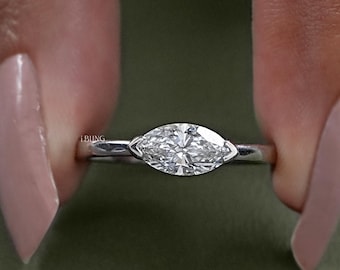 Marquise Cut Lab Diamant Ost West Set Solitär Ring / 14K Solid Gold Halbe Lünette Ring / konfliktfreier Diamant kundenspezifischer Verlobungsring