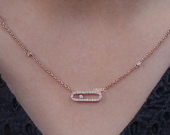 Round Cut Diamond Linked Necklace/ Bezel Set CVD Diamond Station Necklace/ Lab Grown Diamond Paper Clip Necklace/ 14K Solid Gold Necklace