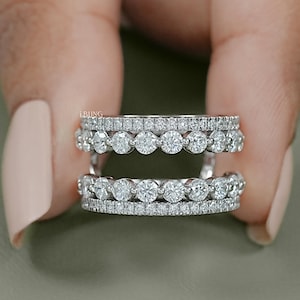 Round Cut Lab Diamond Wrap Guard Band / Conflict Free Diamond Enhancer Band / 14K Solid Gold Customized Matching Band / Double Row Band