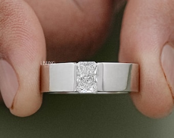 Radiant Cut Lab Grown Diamond Men's Band / Conflict Free Diamond Tension Set Wedding Band / Hand Made Diamond Engagement Band For Him
