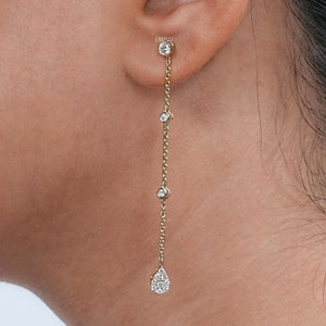 Lab Grown Diamond Dangle Drop Wedding Earrings / Round CVD Diamond Earrings For Engagement / Hand Made Diamond Bezel Set Earrings For Her
