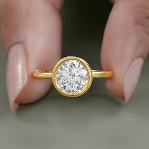 0.50 TO 3.00 CT Round Cut Lab Grown Diamond Solitaire Ring / Bezel Set Solo Diamond Engagement Ring / 14K Yellow Gold Promise Ring For Her