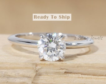 Bague de fiançailles ronde Moissanite Solitaire / 1 CT à 5 CT bague de mariage ronde incolore Moissanite / bague de promesse en or blanc massif pour elle