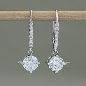 Round Cut CVD Diamond Dangle Drop Earrings / 10K Solid Gold Wedding Earrings / EF-VS Diamond Lever Back Earrings / Engagement Gift For Her