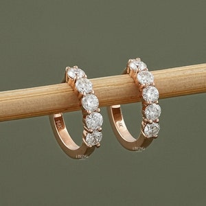 Round Moissanite Huggies Hoop Earrings / Colorless Moissanite Bridesmaid Earrings / Five Stone Moissanite Anniversary Earrings For Her