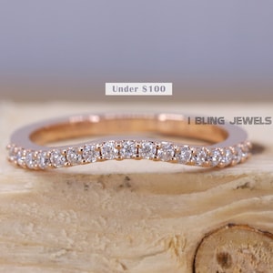 Moissanite Curved Wedding Band / Round Moissanite Half Eternity Band / 10KT Rose Gold Chevron Promise Band / Delicate Band Gift For Her