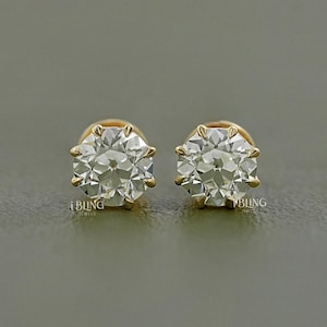 Old European Round Cut Lab Grown Diamond Solitaire Stud Earrings / Man Made Diamond Screw Back Earrings / Everyday Earrings For Wedding Gift