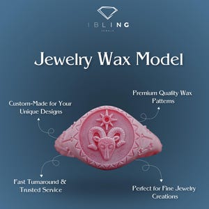 May include: A pink jewelry wax model ring with an engraved ram's head and starburst design. The text on the image reads "Jewelry Wax Model", "Custom-Made for Your Unique Designs", "Fast Turnaround & Trusted Service", "Premium Quality Wax Patterns", and "Perfect for Fine Jewelry Creations".