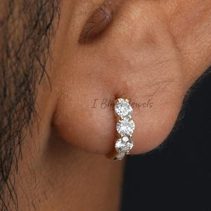 Round Cut Lab Diamond Hoop Earring / Three Stone Men's Hoop Earring / Prong Set Solid Gold Men's Jewelry / Conflict Free Diamond Earring