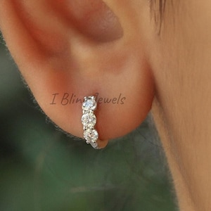 Three Stone Moissanite Round Hoop Earrings/ Lab Diamond Dailywear Hoop Earrings/ Diamond Huggies Earrings/ Solid White Gold Huggie Earrings