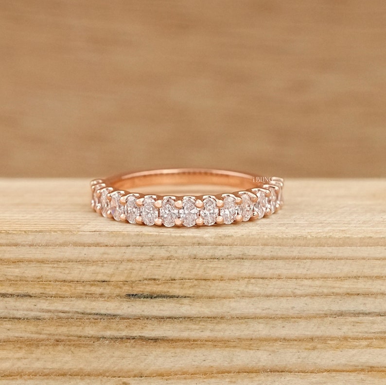 Oval Lab Grown Diamond Wedding Band / 14K Rose Gold CVD Diamond Half Eternity Band / Stackable Matching Band / Bridal Vintage Proposal Band
