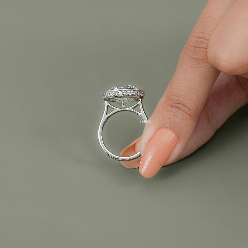 Round Cut Lab Grown Diamond Bezel Set Engagement Ring / IGI Certified Man Made Diamond Hidden Halo Wedding Ring / Birthday Gift For Her