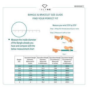May include: A chart showing bangle sizes in inches and millimeters. The chart includes the inside diameter of the bangle, the equivalent bangle diameter in inches and millimeters, and the equivalent bangle circumference in inches and millimeters. The chart also includes instructions on how to measure your wrist for a bangle.