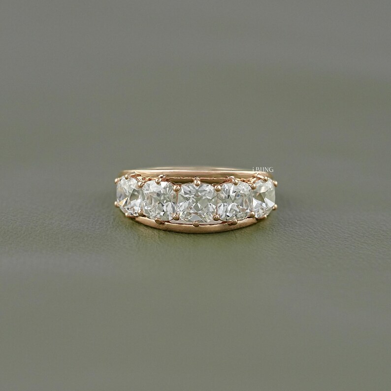 Old Mine Cushion Cut Lab-Made Diamond Half Eternity Wedding Band/ CVD Diamond Five-Stone Band/ 14K Solid Gold Split Shank Band/ Gift For Her