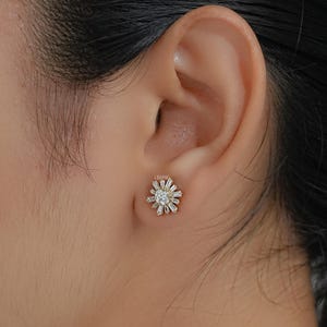 Round Cut Lab Diamond Cluster Stud Earrings/ Tapered Baguette CVD Diamond Sunburst Earrings/ 14K Solid Gold Push Back Earrings/ Gift For Mom
