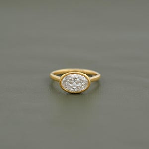 Oval Cut Eco-Friendly Diamond Bezel Set Ring / East-West Set Solitaire Engagement Ring / Conflict Free Diamond Anniversary Ring For Wife