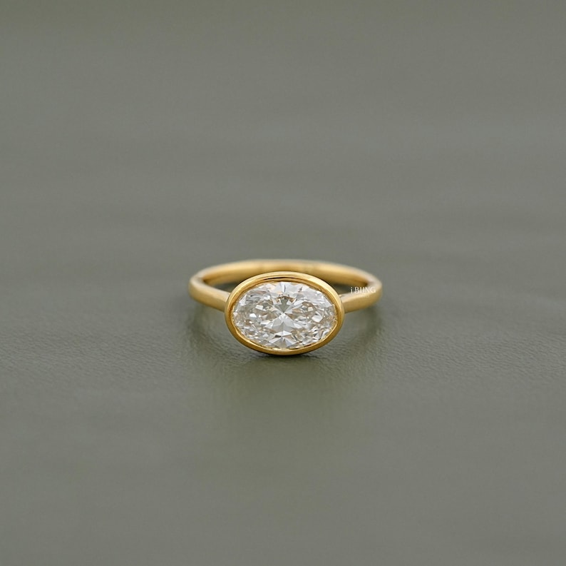 Oval Cut Eco-Friendly Diamond Bezel Set Ring / East-West Set Solitaire Engagement Ring / Conflict Free Diamond Anniversary Ring For Wife