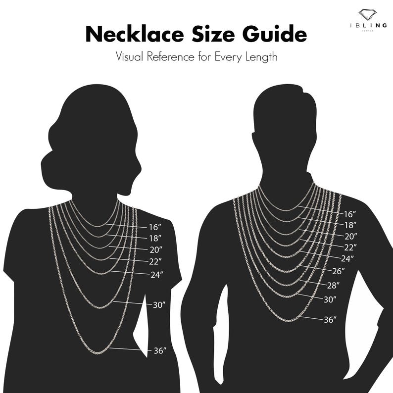 May include: A visual guide showing different necklace lengths on two silhouettes. The lengths are marked in inches from 16 to 36 inches.