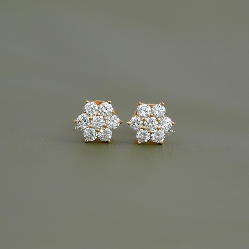 Round Lab Grown Diamond Floral Stud Earrings  14K Solid Gold Diamond Screw Back Earrings  Conflict Free Diamond Halo Stud Earrings