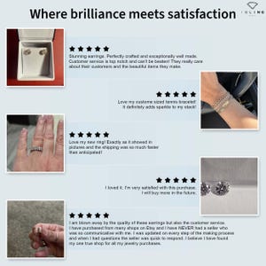 May include: Image showcasing customer reviews for jewelry. The text reads "Where brilliance meets satisfaction." Featured are earrings, a tennis bracelet, and a ring. Reviews highlight quality, craftsmanship, and customer service.