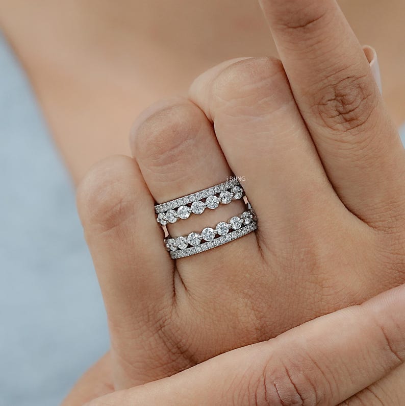 Round Cut Lab Diamond Wrap Guard Band / Conflict Free Diamond Enhancer Band / 14K Solid Gold Customized Matching Band / Double Row Band
