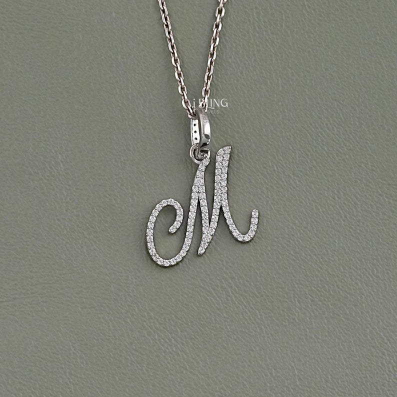 Round Cut Lab Grown Diamond Wedding Pendant / 14K Solid Gold M Letter CVD Diamond Pendant / Eco Friendly Diamond Anniversary Pendant For Her