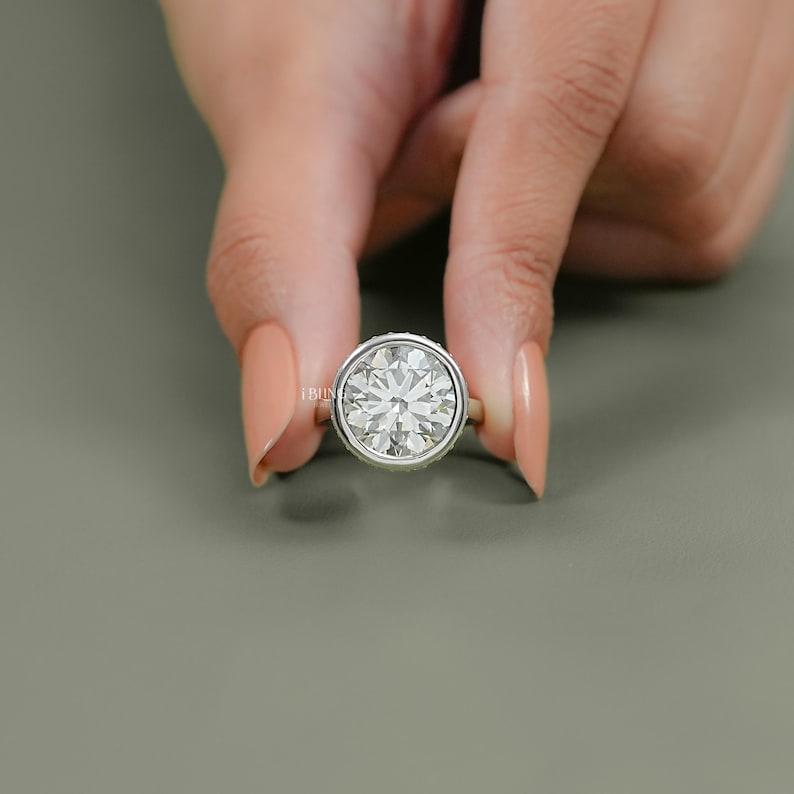 Round Cut Lab Grown Diamond Bezel Set Engagement Ring / IGI Certified Man Made Diamond Hidden Halo Wedding Ring / Birthday Gift For Her