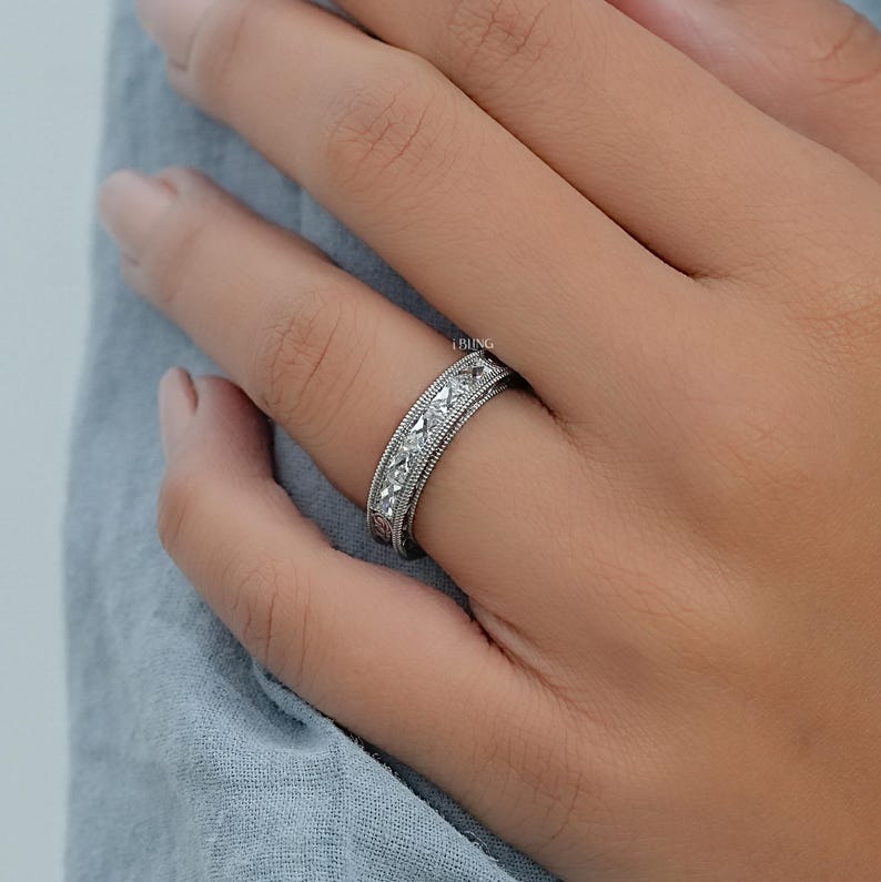 French Cut Baguette Lab Grown Diamond Unisex Wedding Band/ CVD Diamond Milgrain Set Band/ Filigree Set Diamond Engagement Band/ Gift For Him