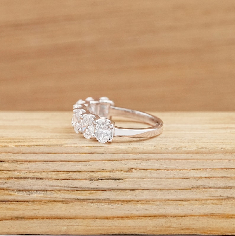Oval-Cut Lab Grown Diamond Wedding Band / 10K White Gold Seven Stone Stackable Band / Man-Made Diamond Matching Band / Proposal Band For Her