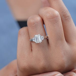 Emerald Cut Lab Diamond Three Stone Ring Step Cut Trapezoid Bridal Ring For Wedding Solid Gold Trilogy Ring Conflict Free Diamond Ring