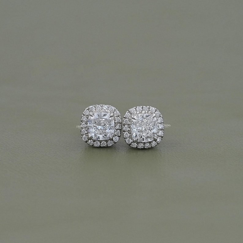 CVD Diamond Cushion Stud Earrings  Halo Lab Grown Diamond Women's Earrings  14K White Gold Screw Back Lab Made Diamond Bridal Earrings