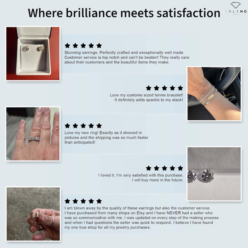 May include: Image showcasing customer reviews for jewelry. The text reads "Where brilliance meets satisfaction." Featured are earrings, a tennis bracelet, and a ring. Reviews highlight quality, craftsmanship, and customer service.