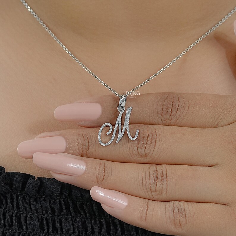 Round Cut Lab Grown Diamond Wedding Pendant / 14K Solid Gold M Letter CVD Diamond Pendant / Eco Friendly Diamond Anniversary Pendant For Her