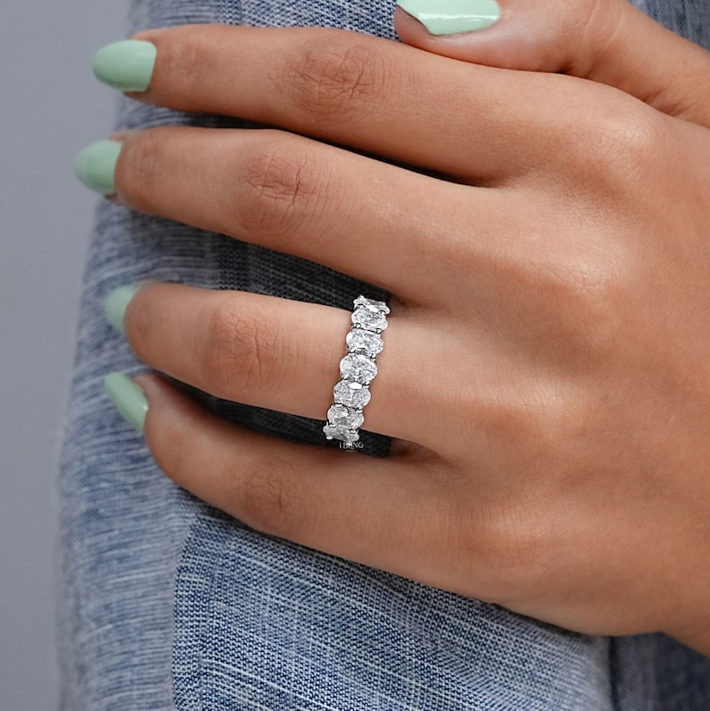Oval-Cut Lab Grown Diamond Wedding Band / 10K White Gold Seven Stone Stackable Band / Man-Made Diamond Matching Band / Proposal Band For Her