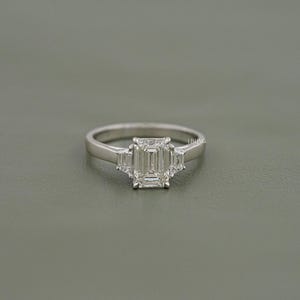 Emerald Cut Lab Diamond Three Stone Ring Step Cut Trapezoid Bridal Ring For Wedding Solid Gold Trilogy Ring Conflict Free Diamond Ring