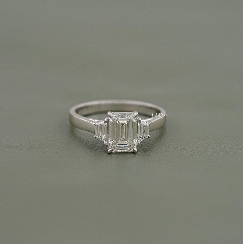 Emerald Cut Lab Diamond Three Stone Ring Step Cut Trapezoid Bridal Ring For Wedding Solid Gold Trilogy Ring Conflict Free Diamond Ring
