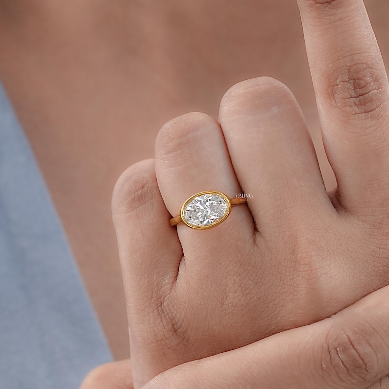 Oval Cut Eco-Friendly Diamond Bezel Set Ring / East-West Set Solitaire Engagement Ring / Conflict Free Diamond Anniversary Ring For Wife