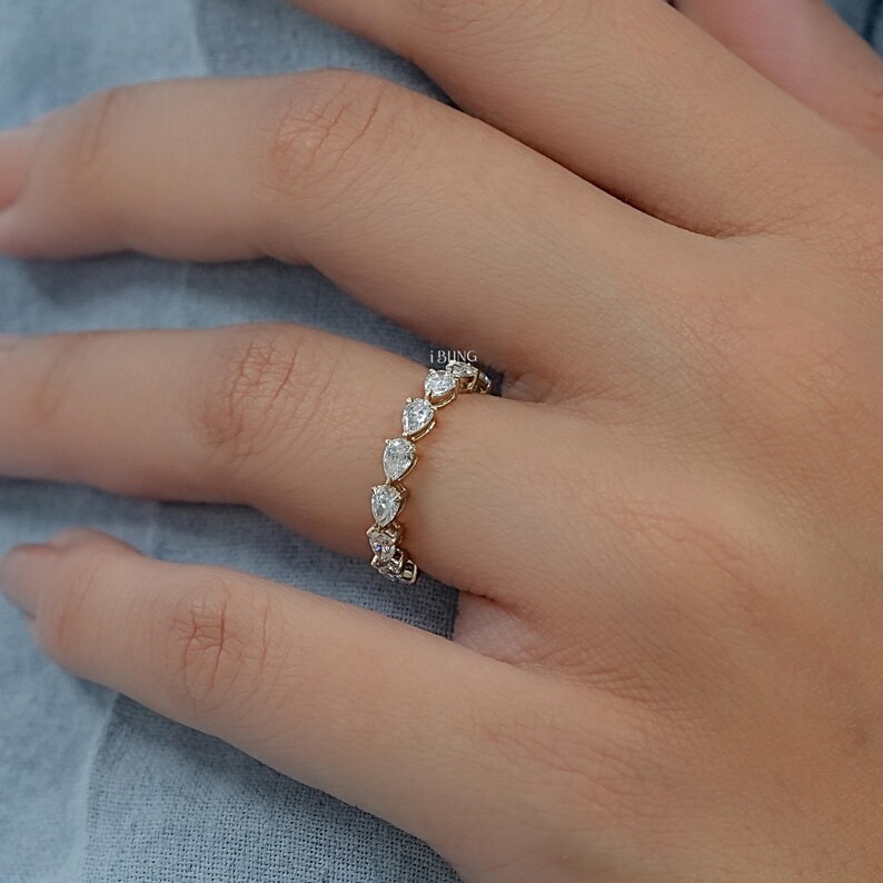 Eco-Friendly Pear-Cut Diamond Full Eternity Band/ 14K Solid Gold CVD Diamond Anniversary Band/ East-West Set Wedding Band/ Gift For Her