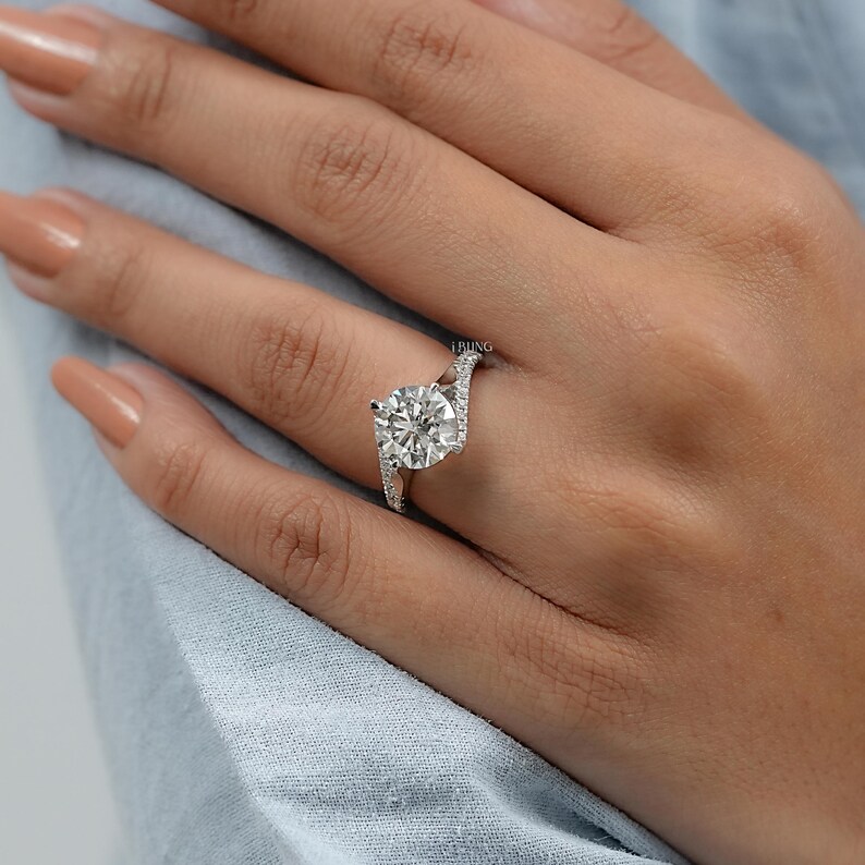 Round Cut Lab Grown Diamond Bypass Wedding Ring / Half Eternity Round Diamond Solitaire Accent Engagement Ring / Anniversary Gift For Her