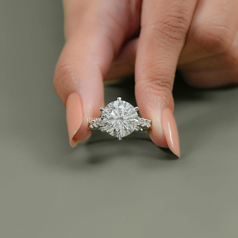 Round Cut Lab Diamond Solitaire Accent Engagement Ring / 8 CT Man Made Diamond Pave Set Wedding Ring / Statement Ring For Anniversary Gift