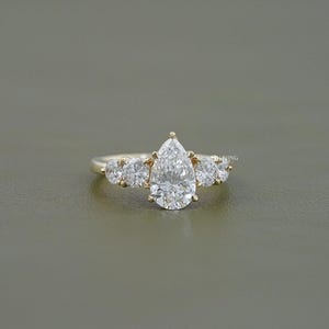 1.50 CT Pear Cut CVD Diamond Anniversary Ring / Side Diamond Round Cut Five Stone Engagement Ring / Conflict Free Diamond Proposal Ring