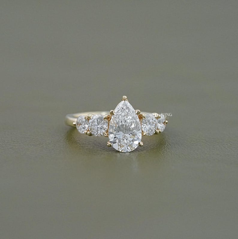 1.50 CT Pear Cut CVD Diamond Anniversary Ring / Side Diamond Round Cut Five Stone Engagement Ring / Conflict Free Diamond Proposal Ring