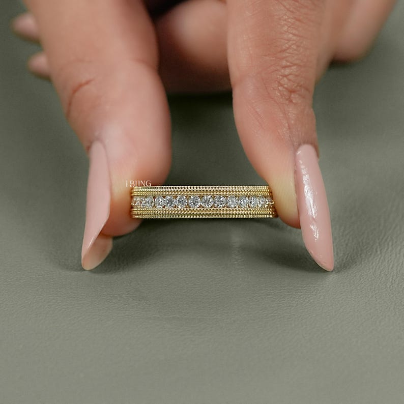 Round Cut Conflict Free Diamond Unisex Wedding Band/ Milgrain Set Half Eternity Band/ Lab Diamond Stackable Engagement Band/ Gift For Him