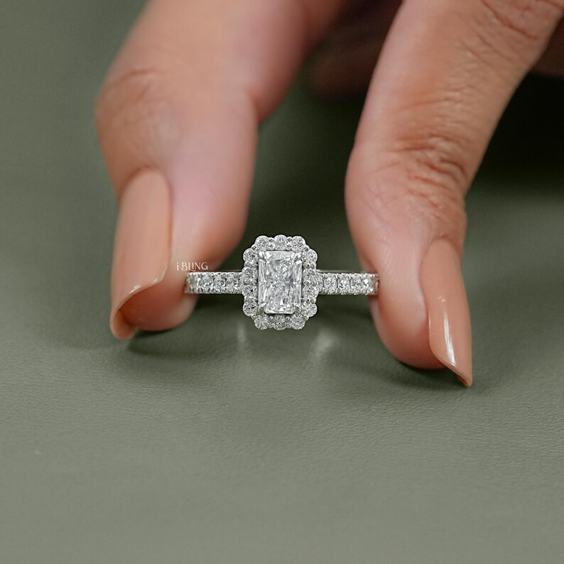 Radiant Cut Eco-Friendly Diamond Engagement Ring CVD Diamond Halo Accent Ring EF-VS Lab-Grown Diamond Wedding Ring Bridal Ring For Her