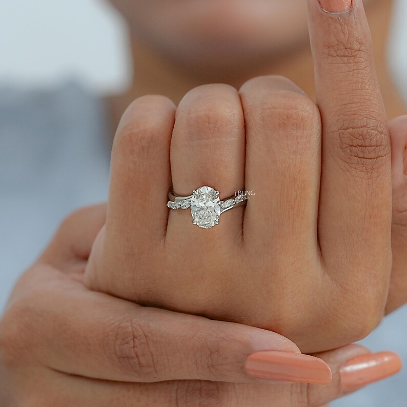 2 CT Oval Cut Lab Grown Diamond Solitaire Engagement Ring / Marquise Cut Conflict Free Diamond Prong Set Bypass Ring / Wedding Gift For Her