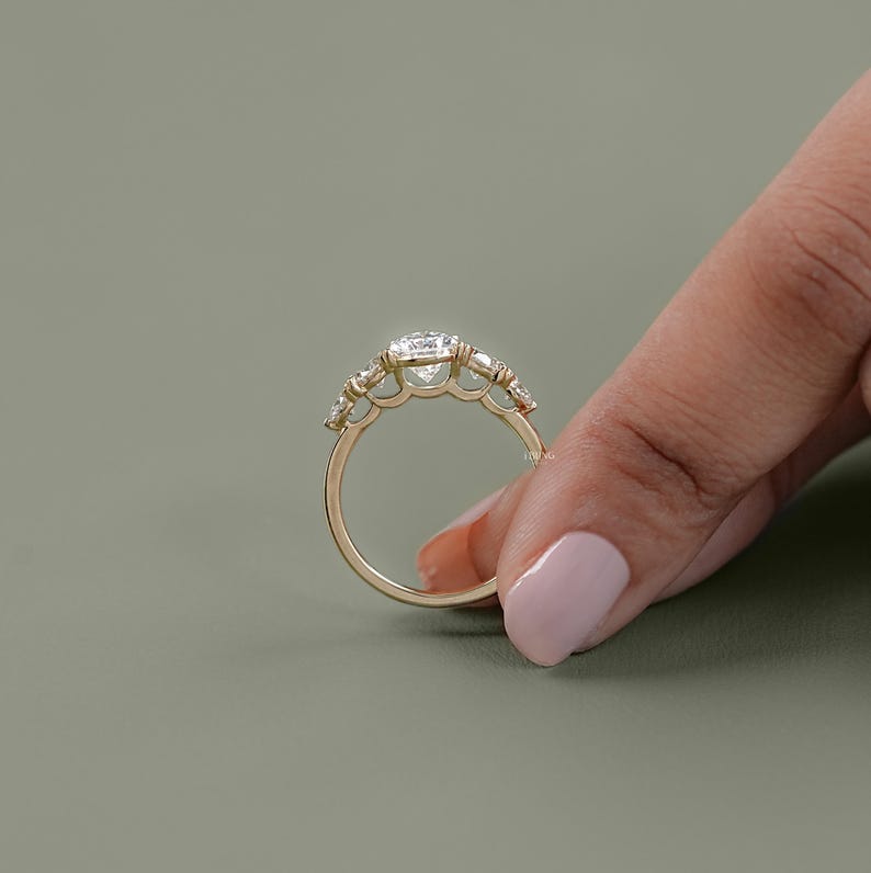 1.50 CT Pear Cut CVD Diamond Anniversary Ring / Side Diamond Round Cut Five Stone Engagement Ring / Conflict Free Diamond Proposal Ring