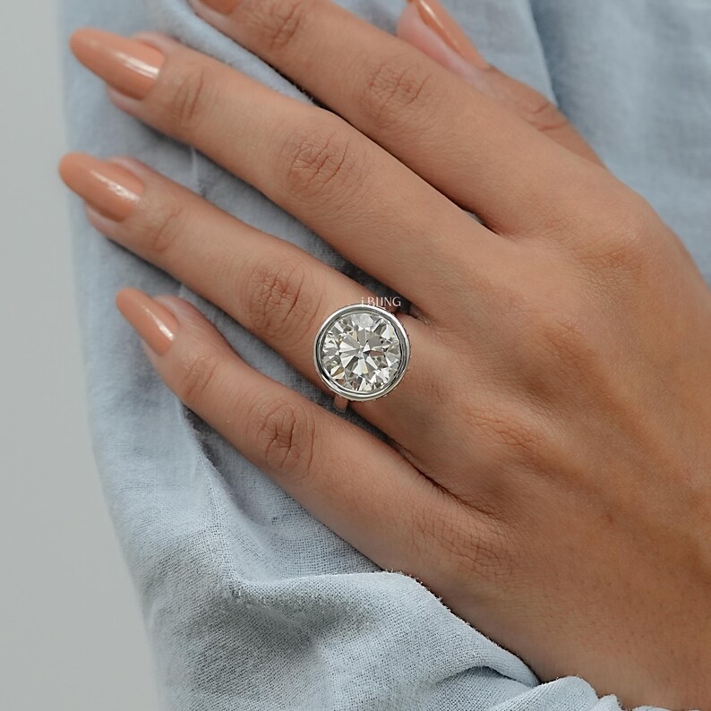 Round Cut Lab Grown Diamond Bezel Set Engagement Ring / IGI Certified Man Made Diamond Hidden Halo Wedding Ring / Birthday Gift For Her
