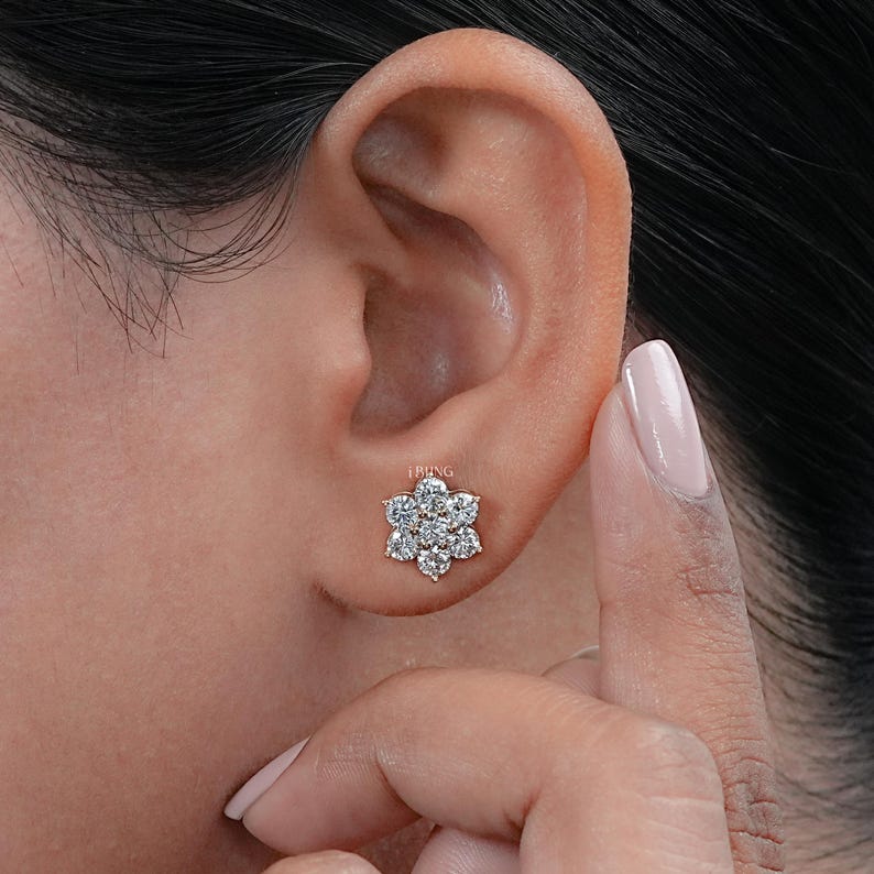 Round Lab Grown Diamond Floral Stud Earrings  14K Solid Gold Diamond Screw Back Earrings  Conflict Free Diamond Halo Stud Earrings