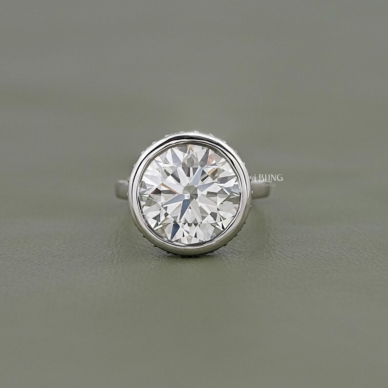 Round Cut Lab Grown Diamond Bezel Set Engagement Ring / IGI Certified Man Made Diamond Hidden Halo Wedding Ring / Birthday Gift For Her